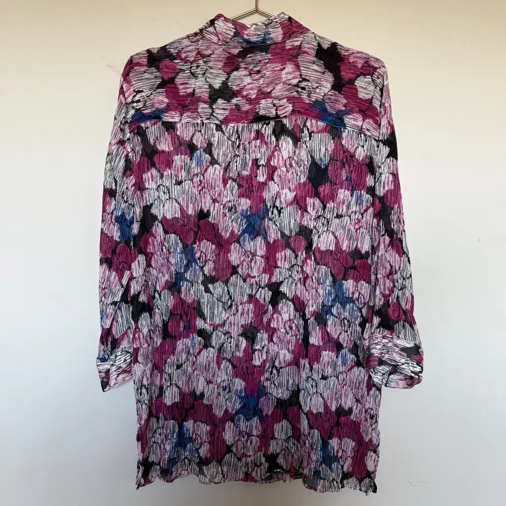 Chico's Women Silk Top Size 3 US XL Long Sleeve Floral Button Up Mature Colorful